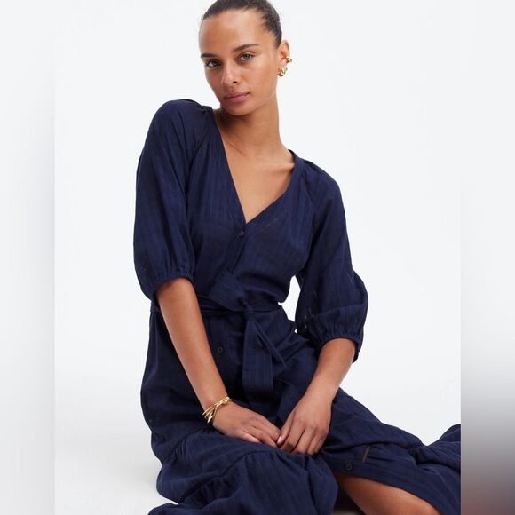 Madewell NWT Tie-Waist Tiered Midi Dress Size 0 in Windowpane Navy - Picture 5 of 12